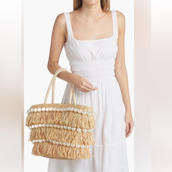 Urban Expressions Shakira Fringe Straw Raffia Pearl Natural Beige Tote/Bag NWT - Picture 9 of 9